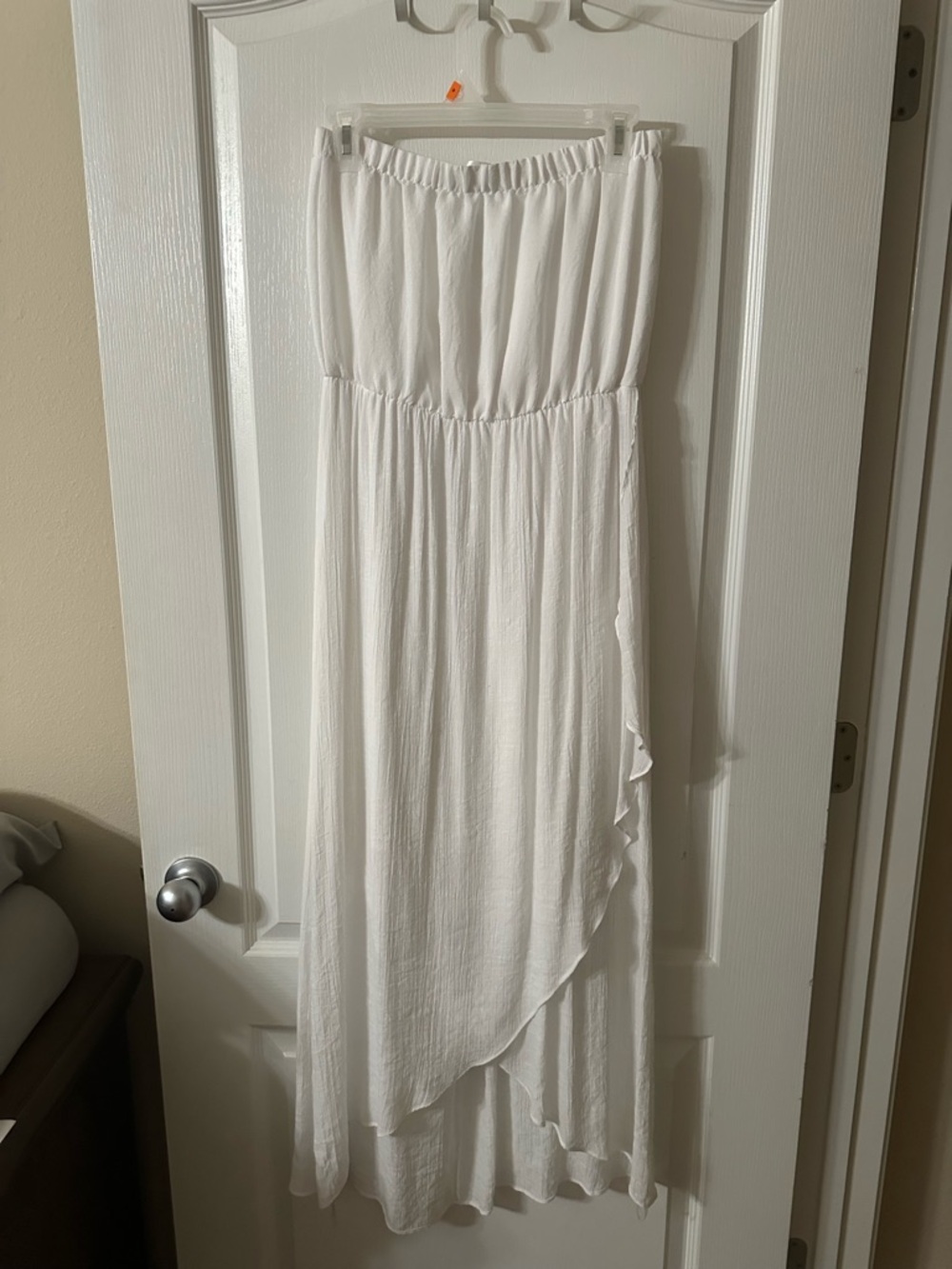 just be White Strapless High-Low Maxi Dress